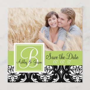 Photo Save the Date Black Damask Initial Green Invitation