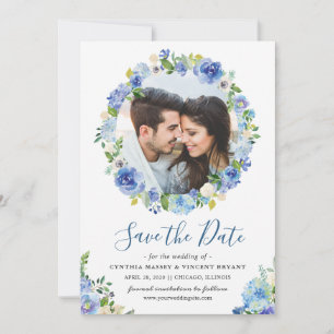 Photo Save the Date Blue Hydrangeas Floral Wreath