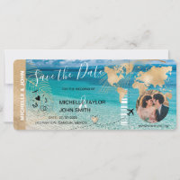 Photo Save the Date Boarding Pass World Map Beach