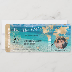 Photo Save the Date Boarding Pass World Map Beach Invitation