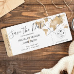 Photo Save the Date Boarding Pass World Map Invitation<br><div class="desc">Destination  Beach Wedding Boarding Pass Ticket Gold Plane Save the Date with heart and plane icon with tropical leaves.</div>