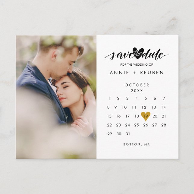 Photo Save the Date Calendar Elegant Gold Heart Announcement Postcard (Front)