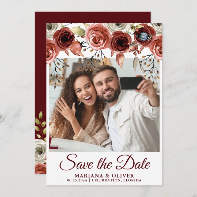 Photo Save the Date Card Autumn Mix Floral (Front/Back)