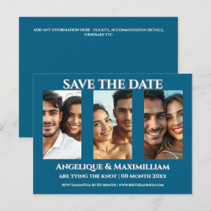 Photo save the date card elegant modern 3 pic blue