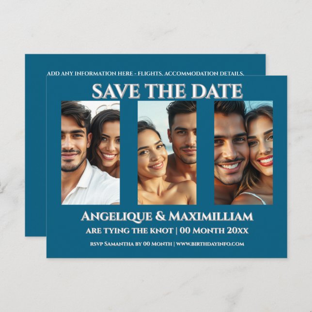 Photo save the date card elegant modern 3 pic blue (Front/Back)