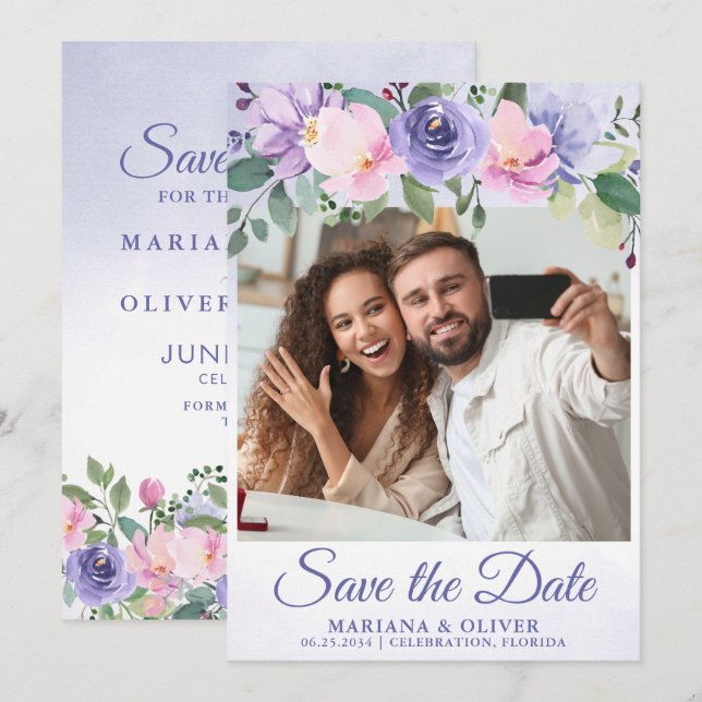 Photo Save the Date Card Modern Pink Floral (Front/Back)