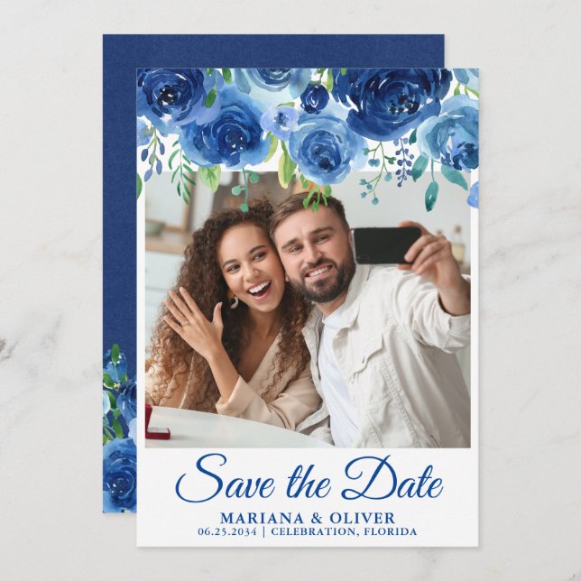 Photo Save the Date Card Navy Blue Floral (Front/Back)