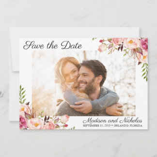 Photo Save the Date Cards with Rustic Pink Flower