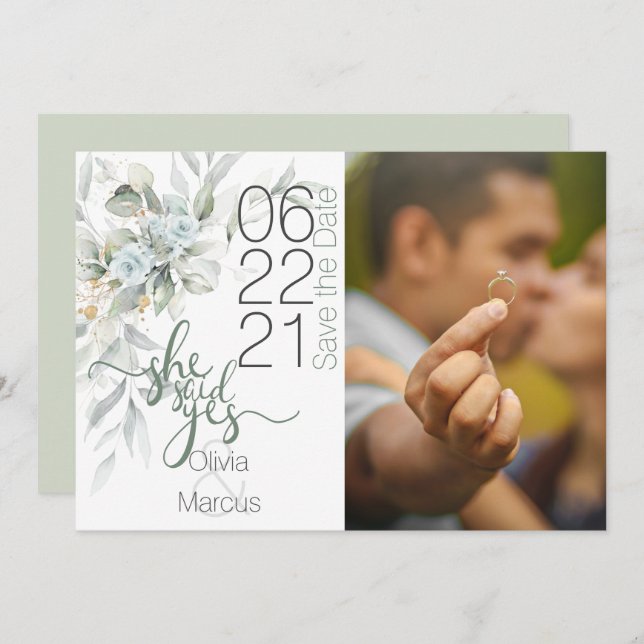Photo Save the Date Dusty Blue Watercolor Floral (Front/Back)