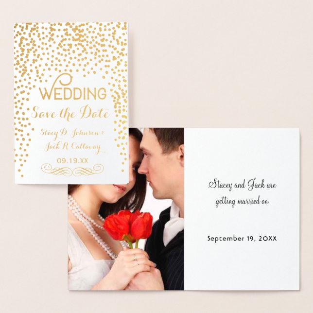 Photo Save the Date Gold Confetti Typography Foil Card (Display)