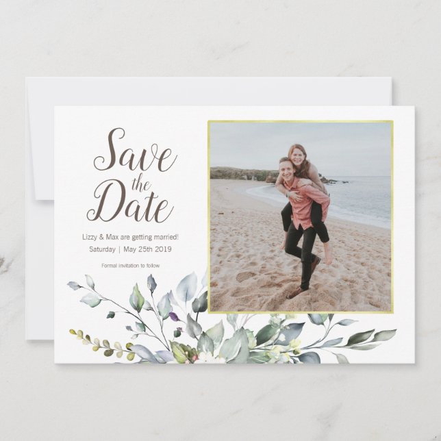 Photo Save the Date | Gold Frame Watercolor Floral (Front)