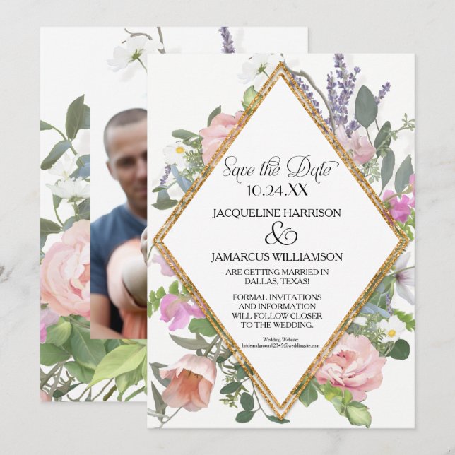 Photo Save the Date Gold Glitter Romantic Floral Invitation (Front/Back)