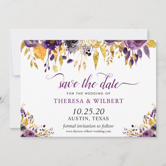 Photo Save the Date Gold Purple Floral Script (Front)