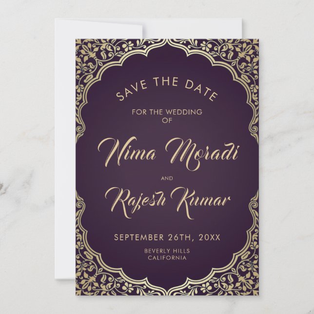 Photo Save The Date, Indian Wedding, Black, Gold Date (Front)