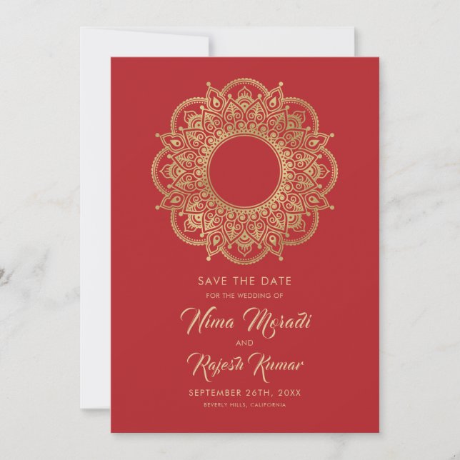 Photo Save The Date, Indian Wedding, Red and Gold Save The Date (Front)