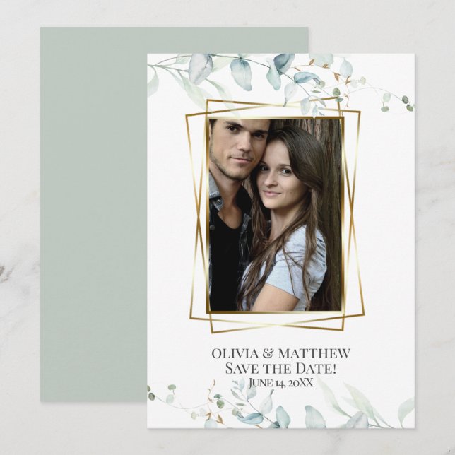 PHOTO SAVE THE DATE |  Modern Elegant Eucalyptus  Invitation (Front/Back)