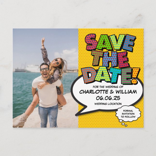 Photo Save the Date Modern Fun Comic Book Announcement Postcard (Front)