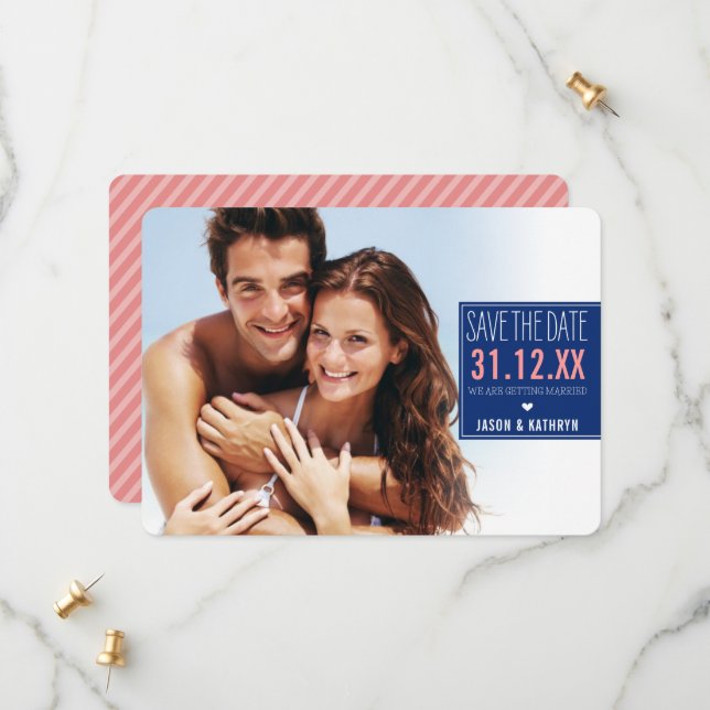 PHOTO SAVE THE DATE ombre angled stripe navy coral (Front/Back In Situ)