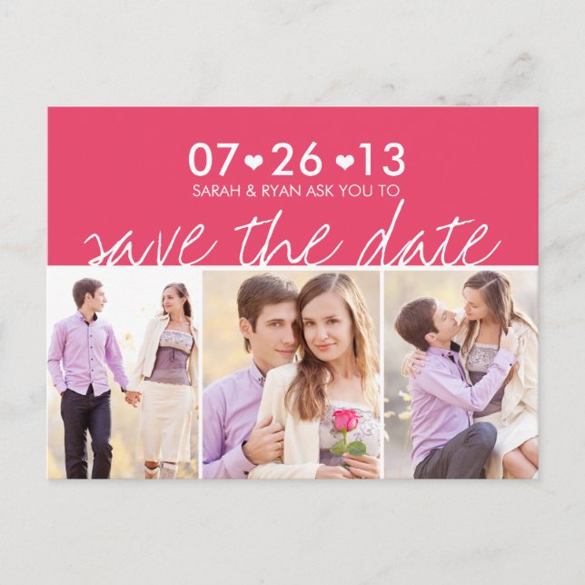 Photo Save the Date Pink Stripe Hearts Postcard (Front)