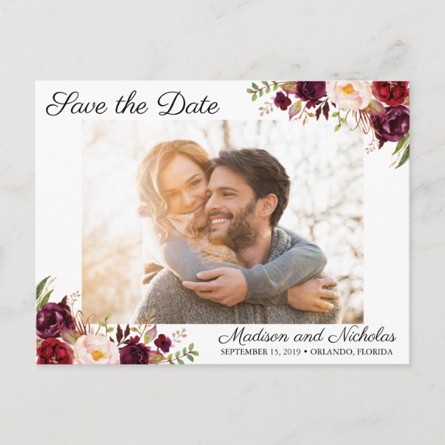 Photo Save the Date Postcards Marsala Pink Flower (Front)