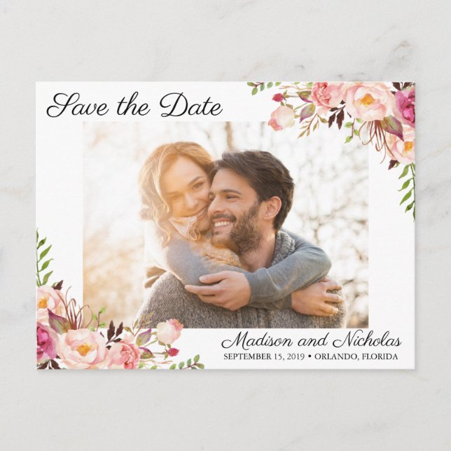 Photo Save the Date Postcards Rustic Pink Flower (Front)