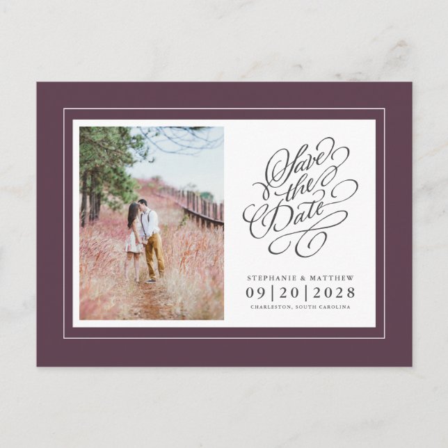 Photo Save The Date Purple Chic Elegant Wedding Announcement Postcard (Front)