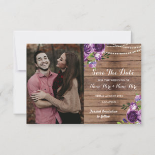 Photo Save The Date Rustic Wood Purple Flowers