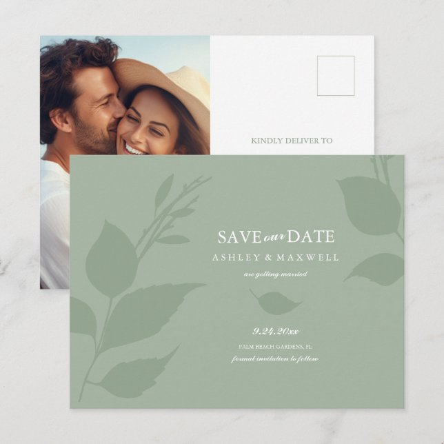 Photo Save The Date Sage Green Announcement Postcard (Front/Back)