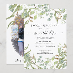 Photo Save the Date Watercolor Eucalyptus Greenery Invitation