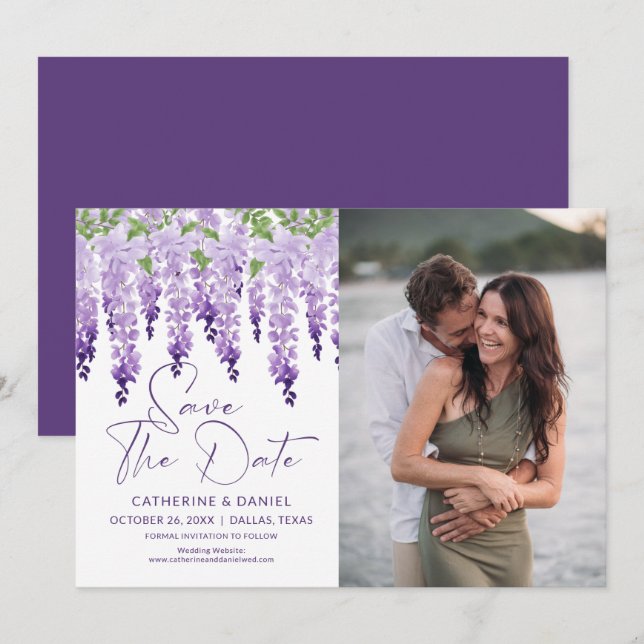 Photo Save The Date Watercolor Wisteria Wedding (Front/Back)
