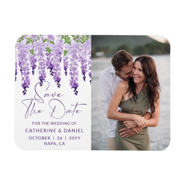 Photo Save The Date Watercolor Wisteria Wedding Magnet (Horizontal)