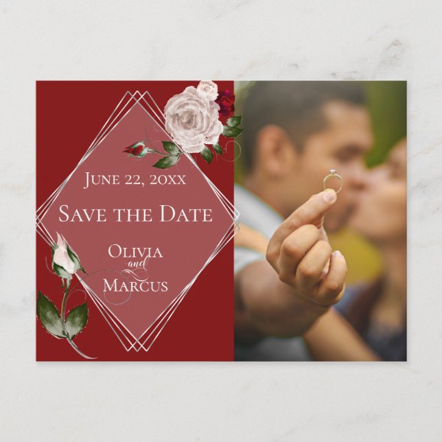 Photo Save the Date Wine and Blush Roses Postcard (Front)
