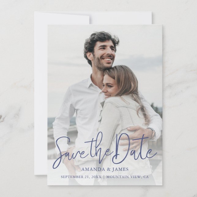 Photo Save the Date with Elegant Blue Typography (Front)