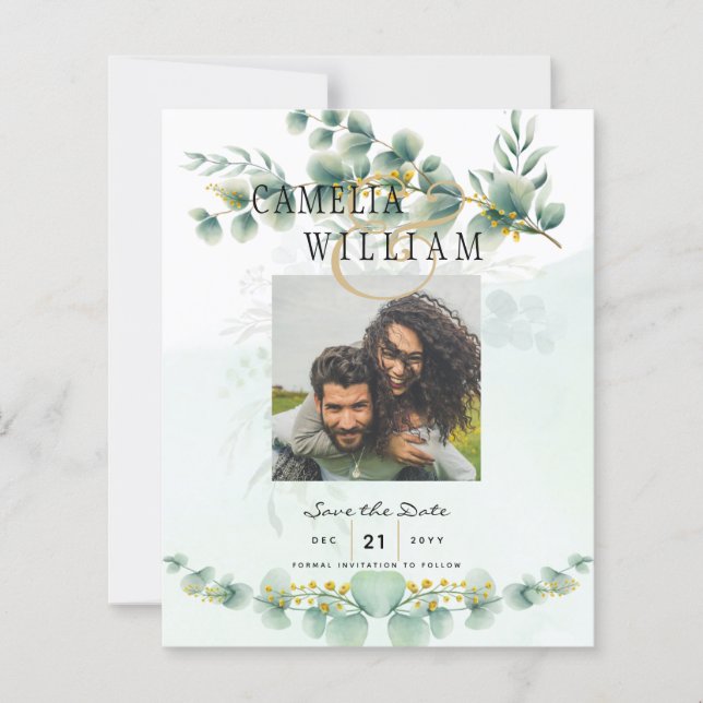 Photo Save the Dates Eucaluptus Gold Modern (Front)