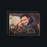 Photo Save the Dates with Faux Gold Foil Script Save The Date<br><div class="desc">These photo save the dates feature charming hand-lettered calligraphy in a faux gold foil effect. Overlaid on your photo with a black fade at the bottom (you can remove this if you don't need it via Zazzle's customise/personalise tool). A cute polka dot background finishes off the design!</div>