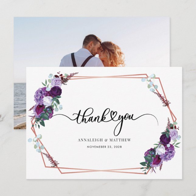 Photo Script Floral Wedding Thank You Card (Front/Back)
