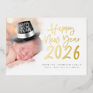 Photo Script Happy New Year 2025 Calendar Real Foil Holiday Card