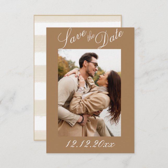 Photo Script Modern Stripe Neutral Save the Date (Front/Back)