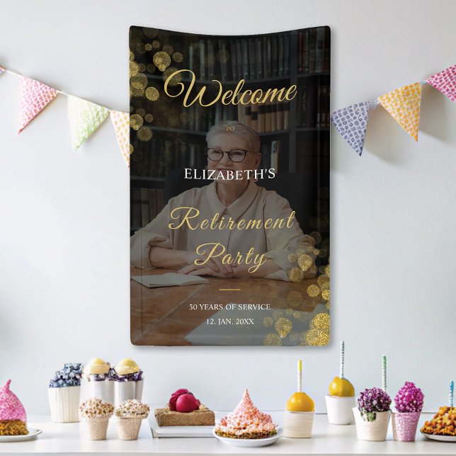 Photo Script Retirement Party Gold  Banner (Photo Script Retirement Party Gold Confetti Banner)