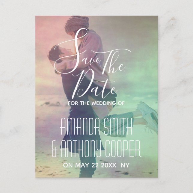 Photo script Save the date colourful overlay Invitation Postcard (Front)