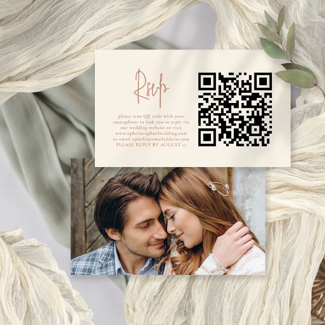 Photo Script Terracotta Cream QR Wedding RSVP Card (Front and back view. With or without your photo on the back.)