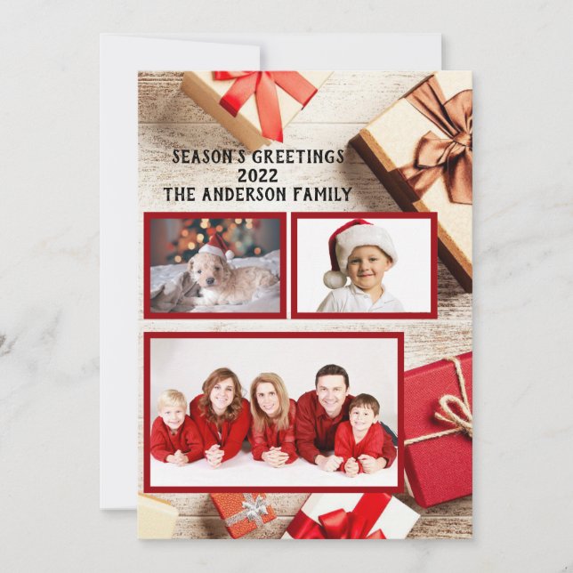 Photo Seasons Greetings Red Rustic Gift Packages Holiday Card (Front)