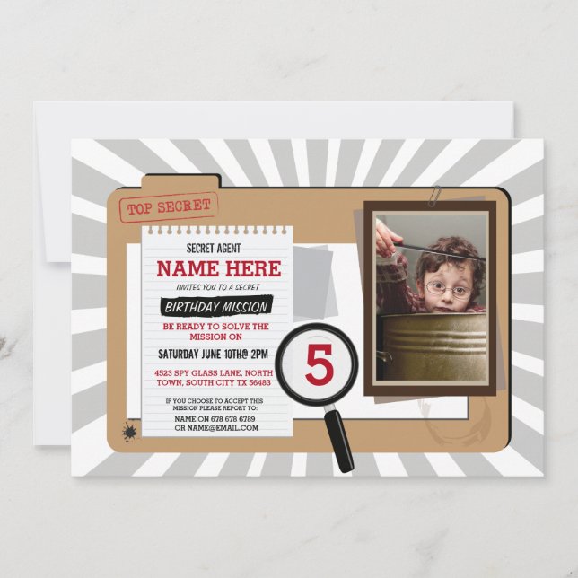 Photo Secret Agent Birthday Detective Invite (Front)