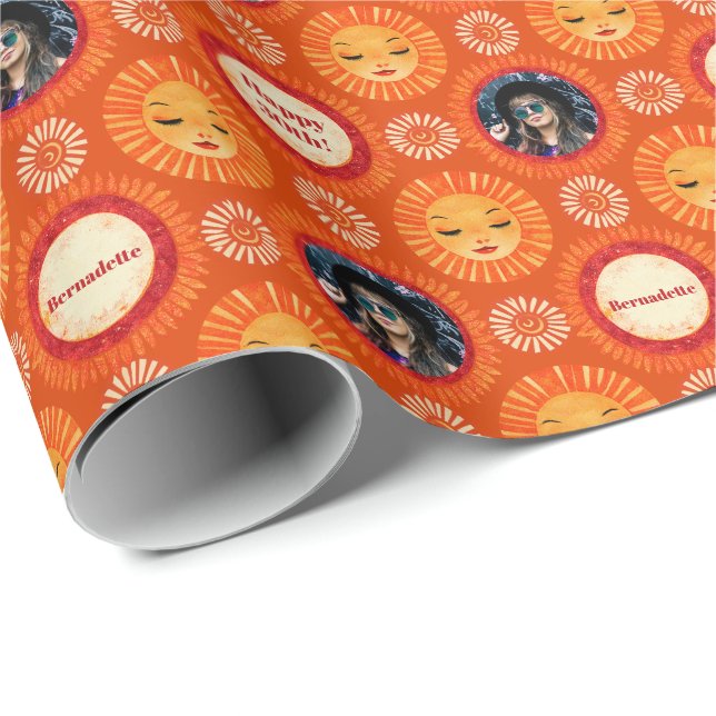Photo Sentiment Burnt Orange Boho Sun  Wrapping Paper (Roll Corner)