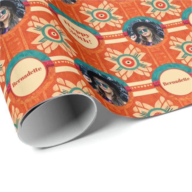 Photo Sentiment Orange Ethnic Bohemian Birthday Wrapping Paper (Roll Corner)