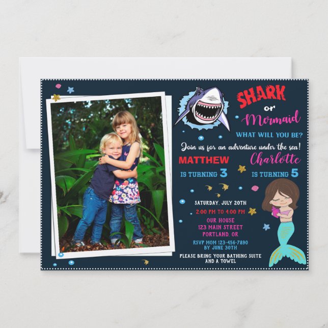 Photo Shark Mermaid birthday invitation Pool party (Front)