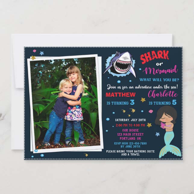 Photo Shark Mermaid birthday invitation Pool party (Front)