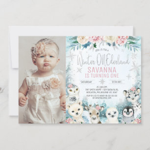 Photo Silver Animlas Winter Onederland Birthday Invitation