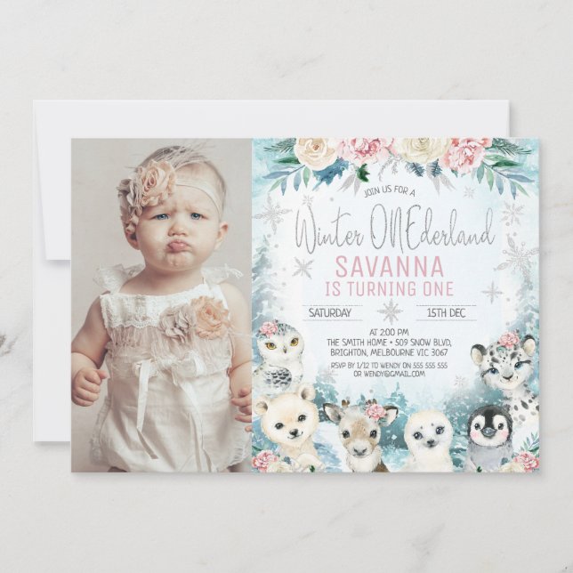 Photo Silver Arctic Winter Onederland Birthday Invitation (Front)