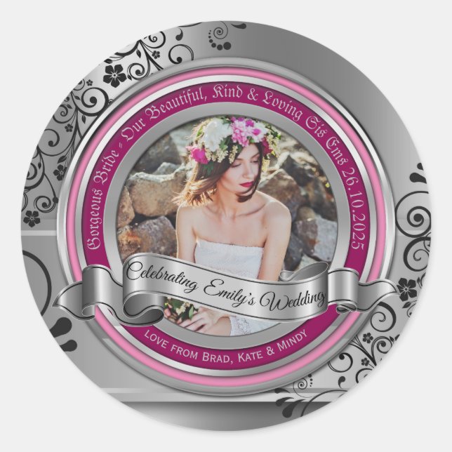 Photo Silver Black Flourish Elegant Banner Magenta Classic Round Sticker (Front)
